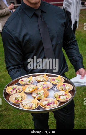 Ein Kellner mit einem Tablett voller Holzschalen mit Häppchen - Hochzeit catering Serie Stockfoto