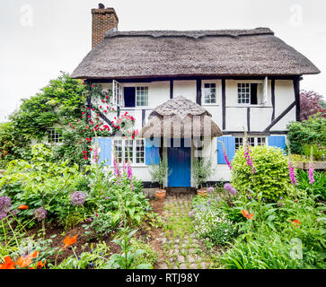 Eine fundamentale Chocolate Box Postkarte typischen reetgedeckten alten Tudor Jacobean Englisch Ferienhaus mit Garten in voller Blüte Stockfoto