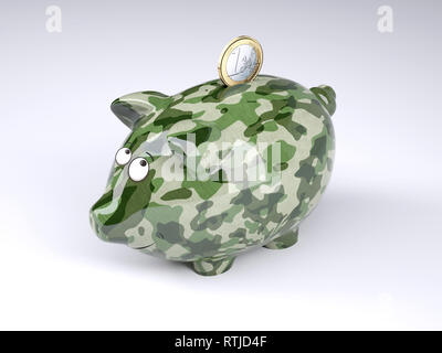 Militärische Tarnung lackiert Sparschwein mit Euro Münze auf grauem Hintergrund isoliert, 3 Abbildung d Stockfoto