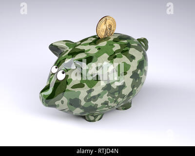 Militärische Tarnung lackiert Sparschwein mit Dollar Münze auf grauem Hintergrund isoliert, 3 Abbildung d Stockfoto