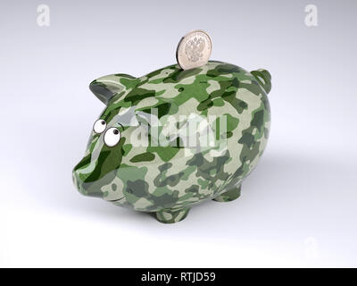 Militärische Tarnung lackiert Sparschwein mit rublee Münze auf grauem Hintergrund isoliert, 3 Abbildung d Stockfoto