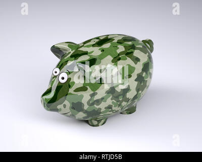 Militärische Tarnung lackiert Sparschwein auf grauem Hintergrund isoliert, 3 Abbildung d Stockfoto