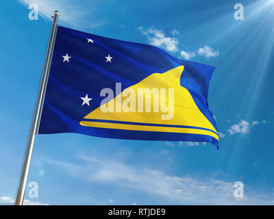 Tokelau National Flagge schwenkten auf Pole gegen Sonne und blauer Himmel. High Definition Stockfoto