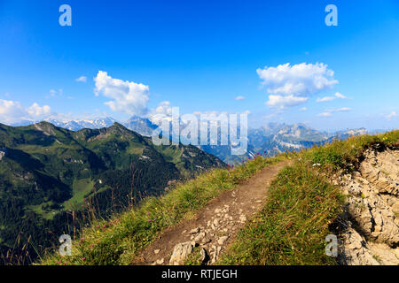 Spaziergang durch eine Wiese, auf der Spitze des Berges in der Nähe von Fronalpstock, im Hintergrund die Berge blauer Himmel und weiße Wolken, Schweiz Stockfoto