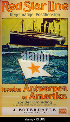 19 Vintage Poster der Red Star Line Werbung Kreuzungen unter belgischer Flagge zwischen Antwerpen und den Vereinigten Staaten Stockfoto