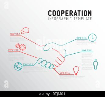 Vektor Infografik Zusammenarbeit Berichtsvorlage von Linien und Symbole mit Handshake - zwei Farben rot und teal Version vorgenommen. Stock Vektor