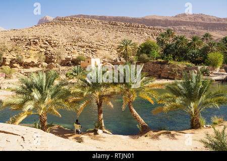 Erstaunliche See und Oase mit Palmen (Wadi Bani Khalid) in die OMANISCHE Wüste Stockfoto