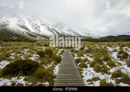 Curvy hängen Weg schützt Mountain ecosystem bei Hooker Valley Track Stockfoto