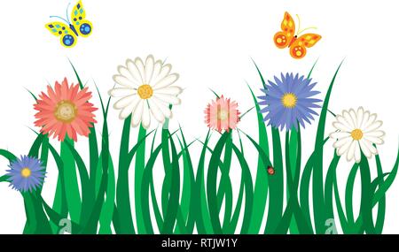 Floral background mit Gras, Blumen und Schmetterlinge. Vector Illustration Stock Vektor