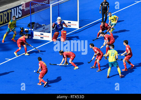 2. März 2019, Sydney Olympic Park Hockey Centre, Sydney, Australien; FIH Mens Pro League Hockey, Australien gegen Spanien, spanische Spieler in Zahlen ihr Ziel zu verteidigen. Stockfoto