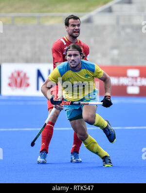 2. März 2019, Sydney Olympic Park Hockey Centre, Sydney, Australien; FIH Mens Pro League Hockey, Australien im Vergleich zu Spanien; Jeremy Hayward von Australien Stockfoto