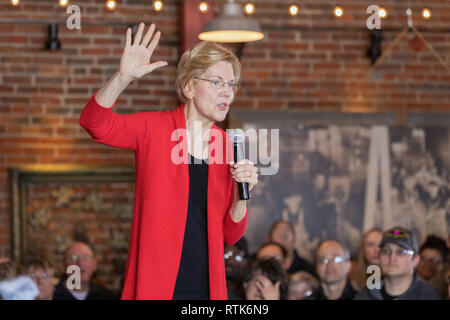 Dubuque, Iowa, USA. 1. März, 2019. Massachusetts Senator Elizabeth Warren hielt eine Organisation der Kundgebung auf dem Stein Cliff Weingut in Dubuque, Iowa, USA am Freitag. Warren war, werbend für die Iowa Caucus 2020 Präsidentschaftswahlen in ihrer Suche nach der Demokratischen Partei eine Nominierung. Credit: Keith Turrill/Alamy leben Nachrichten Stockfoto