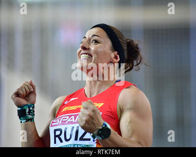 Glasgow, UK. 01 Mär, 2019. Athletik, European Indoor Championships, Kugelstoßen, Frauen, Qualifizierung, die in den Emiraten Arena: Ursula Ruiz, Spanien. Credit: Soeren Stache/dpa/Alamy leben Nachrichten Stockfoto