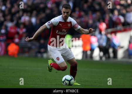 London, Großbritannien. 02 Mär, 2019. Aaron Ramsey von Arsenal in Aktion. EPL Premier League match, Tottenham Hotspur v Arsenal im Wembley Stadion in London am Samstag, den 2. März 2019. Dieses Bild dürfen nur für redaktionelle Zwecke verwendet werden. Nur die redaktionelle Nutzung, eine Lizenz für die gewerbliche Nutzung erforderlich. Keine Verwendung in Wetten, Spiele oder einer einzelnen Verein/Liga/player Publikationen. pic von Steffan Bowen/Andrew Orchard sport Fotografie/Alamy Live news Credit: Andrew Orchard sport Fotografie/Alamy leben Nachrichten Stockfoto