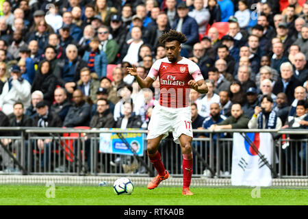 London, Großbritannien. 2. März 2019. Alex Iwobi von Arsenal in der Premier League Spiel zwischen Arsenal und Tottenham Hotspur im Wembley Stadion, London, England am 2. März 2019. Foto von Adamo di Loreto. Nur die redaktionelle Nutzung, eine Lizenz für die gewerbliche Nutzung erforderlich. Keine Verwendung in Wetten, Spiele oder einer einzelnen Verein/Liga/player Publikationen. Stockfoto