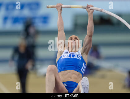 Glasgow, UK. 2. März 2019. Nikoleta (Kiriakopoulou (GRE) in Frauen Stabhochsprung Qualifikation während der Europäischen Leichtathletik Indoor Championships Glasgow 2019 im Emirates Arena am Samstag, den 02. März 2019. GLASGOW SCHOTTLAND. (Nur redaktionelle Nutzung, eine Lizenz für die gewerbliche Nutzung erforderlich. Keine Verwendung in Wetten, Spiele oder einer einzelnen Verein/Liga/player Publikationen.) Credit: Taka G Wu/Alamy Nachrichten Stockfoto