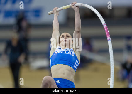 Glasgow, UK. 2. März 2019. Nikoleta (Kiriakopoulou (GRE) in Frauen Stabhochsprung Qualifikation während der Europäischen Leichtathletik Indoor Championships Glasgow 2019 im Emirates Arena am Samstag, den 02. März 2019. GLASGOW SCHOTTLAND. (Nur redaktionelle Nutzung, eine Lizenz für die gewerbliche Nutzung erforderlich. Keine Verwendung in Wetten, Spiele oder einer einzelnen Verein/Liga/player Publikationen.) Credit: Taka G Wu/Alamy Nachrichten Stockfoto