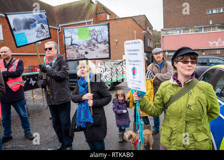 Canterbury, Großbritannien. 23. Februar 2019. Anhänger der Canterbury Aussterben Rebellion Gruppe bilden, im Zentrum der Stadt dann Teil in einem symbolischen Trauerzug, die den Tod von Pflanzen, Tieren, Menschen und der Planeten durch die Klimakrise, Verlust oder das Leben nehmen. Der Protest wird in einem Schwarm Aktion blockieren St. Peters Platz gipfelte. Die Polizei war anwesend, hat aber nicht gestört, es gab keine Verhaftungen. Credit: Stephen Bell/Alamy Live News Credit: Stephen Bell/Alamy leben Nachrichten Stockfoto