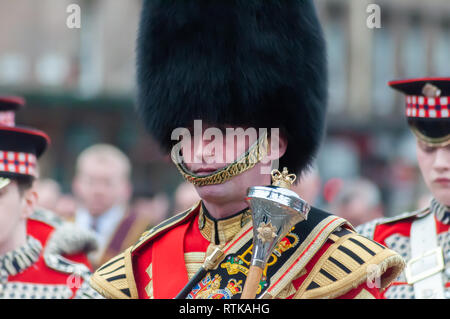 Glasgow, Schottland, Großbritannien. 2. März, 2019. Mitglieder in der Stadt Glasgow Campsie Branch Club Apprentice Boys von Derry Prozession durch die Straßen der Stadt, darunter die Kranzniederlegung am Ehrenmal auf dem George Square. Credit: Skully/Alamy leben Nachrichten Stockfoto