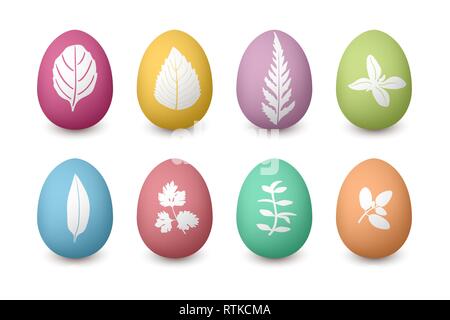 Frohe Ostern bunte Eier mit pflanzlichen Silhouetten. Schäbig Struktur Rot, Grün, Blau, Pink, Lila, Gelb, Braun. Stock Vektor