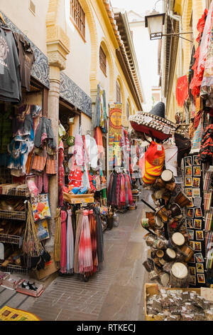 Boutiquen entlang einer Gasse auf einem arabischen Souk in Granada, Spanien, Europa Stockfoto