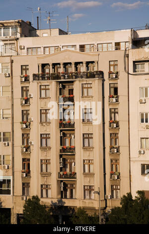 Apartment Gebäude Fassade mit Blumen an den Balkonen, Belgrad, Serbien, Osteuropa Stockfoto