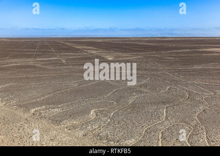 Von einem Turm sehen Sie einige gerade Nazca Linien, die auf den Horizont und die Kurven der Baum erweitern Stockfoto