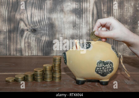Die Hand eine Goldmünze in einem Sparschwein, vor einer Skala von Münzen sortiert zu wachsen Stockfoto