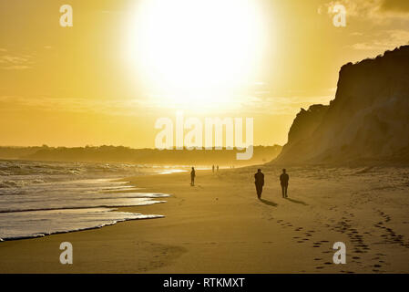 Die Sonne geht auf Praia da Falesia Strand, eine kontinuierliche Ausdehnung von Sand fast 7 km Länge, Albufeira, Algarve, Portugal, Europa. Stockfoto