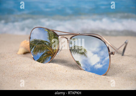 Tropische Palme Reflexion in der Sonnenbrille mit Muschel im Sand Stockfoto