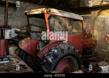 Klassische Massey Ferguson 135 Traktor in der alten Scheune Fort William schottischen Highlands Schottland Großbritannien geparkt Stockfoto