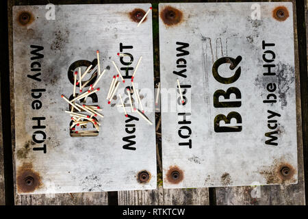 Sie betrachten eine bbq Heizplatte mit einer Box von verschüttetem Übereinstimmungen liegen oben Schottischen Forstwirtschaft Glen Nevis Fort William Schottisches Hochland, Großbritannien Stockfoto