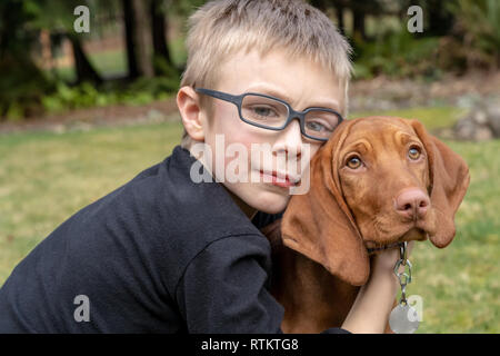 Issaquah, Washington, USA. Sechs Jahre alten Jungen seine fünf Monate alten Vizsla Welpen 'Pfeffer' umarmen. Stockfoto