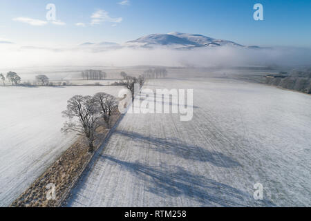 Eine Antenne Bild, Tinto Hügel über Nebel hängt über den Fluss Clyde an einem sonnigen und schneereichen Winter morgen erscheinen. Stockfoto