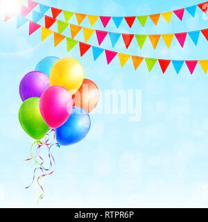 Grußkarte mit bunten Luftballons und Fähnchen. Vector Illustration Stock Vektor