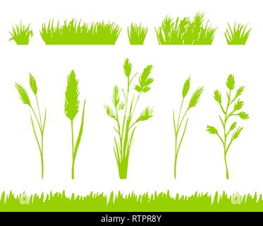 Grüne Gras Silhouetten auf weißem Hintergrund Vektor isoliert Stock Vektor