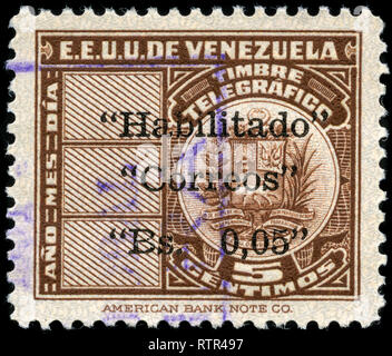 Briefmarke aus Venezuela im Telegraph Briefmarken überdruckt Serie 1951 ausgestellt Stockfoto