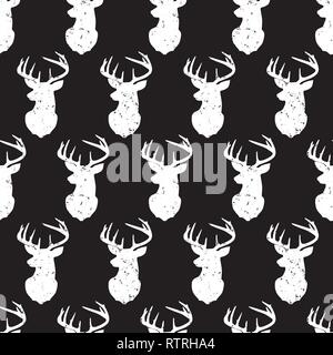 Hirsch Kopf nahtlose Vektor-Muster Vintage-Stil. Verzweifelter Tierhintergrund. Monochromer Waldtier-Hintergrund im Retro-Stil. Verwenden Sie für Stoff, zu Hause Stock Vektor