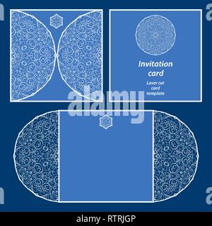 Hochzeit Einladung oder Grußkarte mit klassischen Ornament. Bild für Laserschneiden oder Druck geeignet. Weißes Gold Muster auf blauem Hintergrund. Stock Vektor