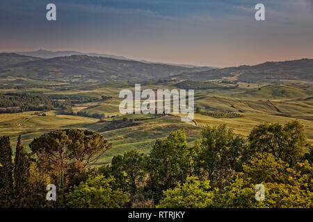 Sicht auf das Tal Val D'Orcia auf den Sonnenuntergang. Malerische Toskana Landschaft Panorama bei Sonnenuntergang mit sanften Hügeln und Ernte und Val d'Orcia, Toskana, Italien Stockfoto