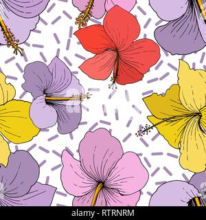 Vektor Hibiskus Blumen tropische Blumen. Graviert Tinte Kunst auf weißem Hintergrund. Nahtlose Muster. Stock Vektor