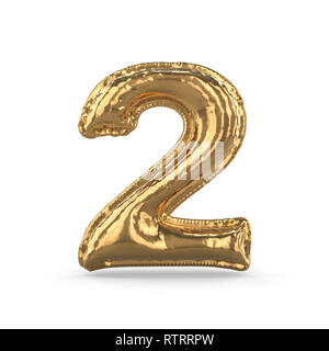 Golden Ziffer zwei Aus aufblasbaren Ballon auf weißem Hintergrund. 3D-Rendering Stockfoto
