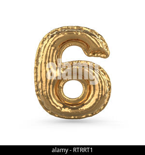 Golden Ziffer sechs aus aufblasbaren Ballon auf weißem Hintergrund. 3D-Rendering Stockfoto