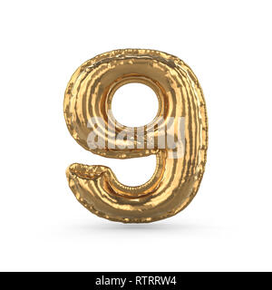 Golden Ziffer neun aus aufblasbaren Ballon auf weißem Hintergrund. 3D-Rendering Stockfoto