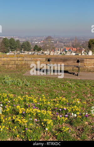 Die heissesten Februar über die frühen Frühling Blüten erscheinen außerhalb Hill Cliffe Friedhof mit Blick auf Warrington Town in der Sonne Stockfoto