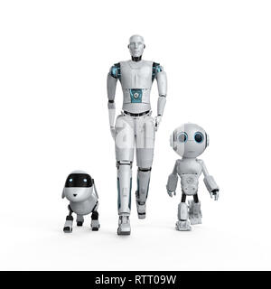 3D-Rendering Group der Automatisierung Roboter auf weißem Hintergrund Stockfoto