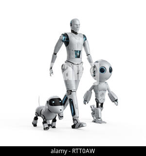 3D-Rendering Group der Automatisierung Roboter auf weißem Hintergrund Stockfoto