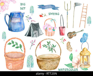 Das zweimal jährlich erscheinende Mode-Special aquarell Set Holz- Korb und Gartengeräte. Nette Illustration, auf weißem Hintergrund. Stockfoto