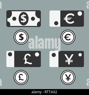 Dollar, Euro, Pfund und Yuan Währung Symbole. Papier und Metall in USD, EUR, GBP und CNY Geld Zeichen Symbole. Flache Symbol Zeiger. Stock Vektor