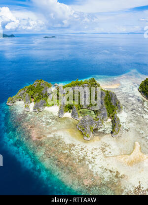 Luftaufnahme von Kalkstein Inseln, umgeben von Korallenriffen, Raja Ampat Inseln, West Papua, Indonesien, Pazifischer Ozean Stockfoto
